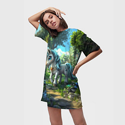 Футболка женская длинная Единорожка в дневном лесу, цвет: 3D-принт — фото 2