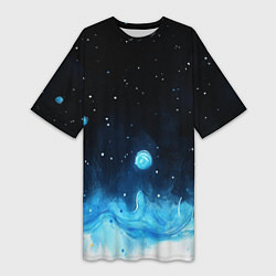 Футболка женская длинная Синяя светящееся краска, цвет: 3D-принт