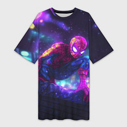 Футболка женская длинная Человек-паук неоновый свет, цвет: 3D-принт
