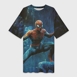 Футболка женская длинная Человек - паук в ночном городе, цвет: 3D-принт