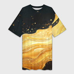 Футболка женская длинная Золотистая материя на черном фоне, цвет: 3D-принт
