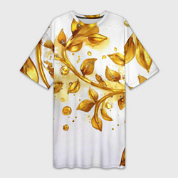 Футболка женская длинная Золотые листья на белом, цвет: 3D-принт