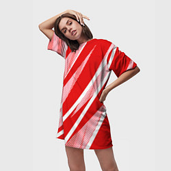 Футболка женская длинная Красно-белый абстракция с полосами, цвет: 3D-принт — фото 2