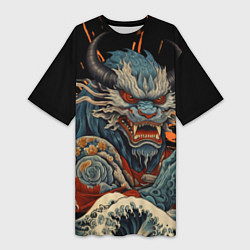 Футболка женская длинная Японский дракон и волны в стиле тату ирезуми, цвет: 3D-принт