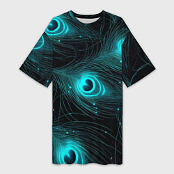 Футболка женская длинная Светящиеся перья павлина паттерн, цвет: 3D-принт