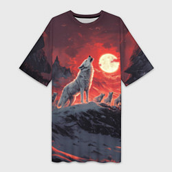 Футболка женская длинная Волк воет на красную луну, цвет: 3D-принт