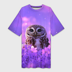 Футболка женская длинная Сова в фиолетовых цветах, цвет: 3D-принт