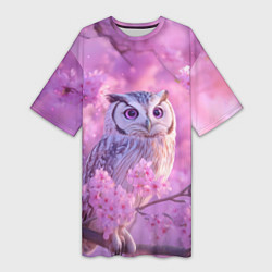 Футболка женская длинная Сова в весенних цветах, цвет: 3D-принт