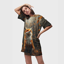 Футболка женская длинная Довольный лис в лесной чаще, цвет: 3D-принт — фото 2