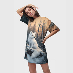 Футболка женская длинная Белый лисенок в зимнем лесу, цвет: 3D-принт — фото 2