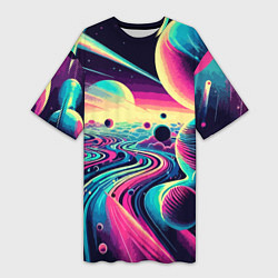 Футболка женская длинная Неоновый разноцветный космос, цвет: 3D-принт