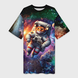 Футболка женская длинная Котик бравый космонавт - неон, цвет: 3D-принт