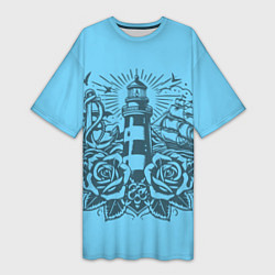 Футболка женская длинная Маяк с розами и кораблем, цвет: 3D-принт