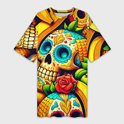 Женская длинная футболка Colorfull skulls and bananas - pop art pattern