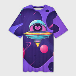 Футболка женская длинная Летающая тарелка с сердцем, цвет: 3D-принт