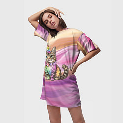 Футболка женская длинная Котенок в костюме единорога, цвет: 3D-принт — фото 2