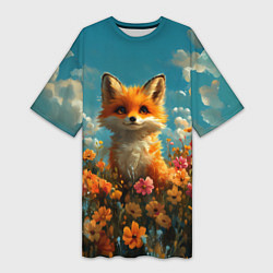Футболка женская длинная Лисица в цветочном поле, цвет: 3D-принт