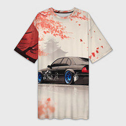 Футболка женская длинная Черная БМВ и сакура, цвет: 3D-принт