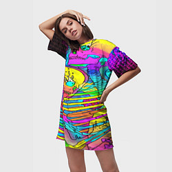 Футболка женская длинная Черепа неоновые краски, цвет: 3D-принт — фото 2