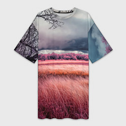Футболка женская длинная Поле и деревья пейзаж - инфракрасный стиль, цвет: 3D-принт