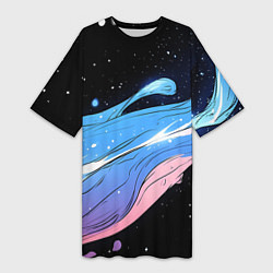 Футболка женская длинная Синяя волна на черном - текстура, цвет: 3D-принт