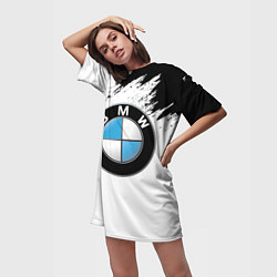 Футболка женская длинная BMW лого на бело-черном, цвет: 3D-принт — фото 2