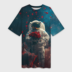 Футболка женская длинная Космонавт с букетом роз, цвет: 3D-принт