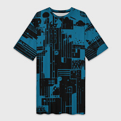 Футболка женская длинная Чёрно-синий абстракция геомтеричный, цвет: 3D-принт