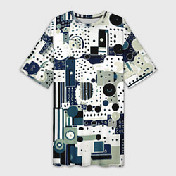 Футболка женская длинная Чёрно-белый с синий абстракция фигуры точки, цвет: 3D-принт