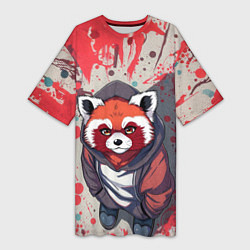 Футболка женская длинная Красная панда в капюшоне, цвет: 3D-принт