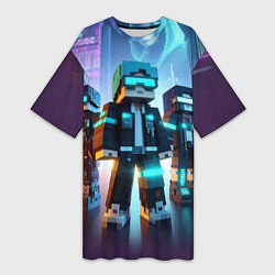 Футболка женская длинная Minecraft - neon metropolis ai art, цвет: 3D-принт