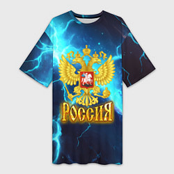 Женская длинная футболка Россия герб на синих молниях