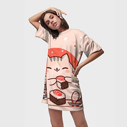 Футболка женская длинная Милый кот ест суши, цвет: 3D-принт — фото 2