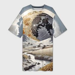 Футболка женская длинная Река и планеты, цвет: 3D-принт