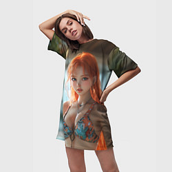 Футболка женская длинная Рыжая девушка в купальнике, цвет: 3D-принт — фото 2