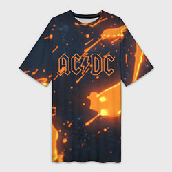 Футболка женская длинная ACDC оранжевый логотип, цвет: 3D-принт