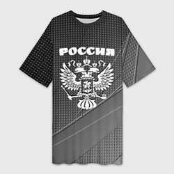 Футболка женская длинная Россия герб тёмно-серый текстурный с полосой, цвет: 3D-принт