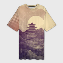 Футболка женская длинная Ретро иллюстрация Японского храма, цвет: 3D-принт