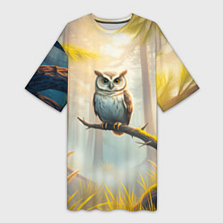Футболка женская длинная Сова в мрачном лесу, цвет: 3D-принт
