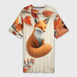 Женская длинная футболка Лис под осенними листьями
