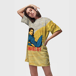 Футболка женская длинная Lana Del Rey в джинсовом костюме, цвет: 3D-принт — фото 2