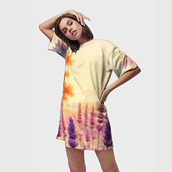 Футболка женская длинная Поле цветочное, цвет: 3D-принт — фото 2