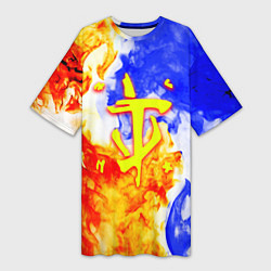 Футболка женская длинная Doom битва огня, цвет: 3D-принт