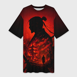 Футболка женская длинная Ghost of Tsushima - двойная экспозиция самурая, цвет: 3D-принт