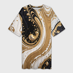 Футболка женская длинная Черный агат и жидкое золото, цвет: 3D-принт