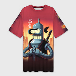 Женская длинная футболка Крутой ниндзя Бендер в ночном городе