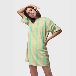 Футболка женская длинная Color beige cage blue stripes, цвет: 3D-принт — фото 2