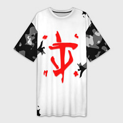 Футболка женская длинная Doom лого камуфляж текстура, цвет: 3D-принт