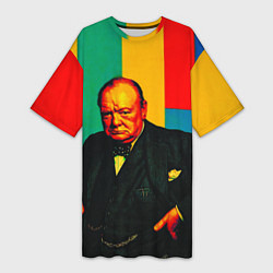 Футболка женская длинная Уинстон Черчилль поп-арт, цвет: 3D-принт