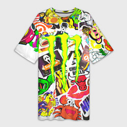 Женская длинная футболка Monster energy стикеры бренды